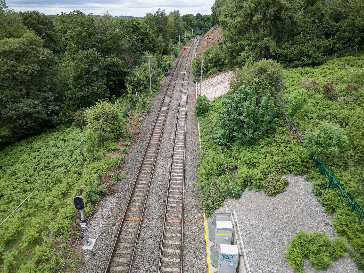 Wide aerial view of the railway line running through the embankment and surrounding countryside